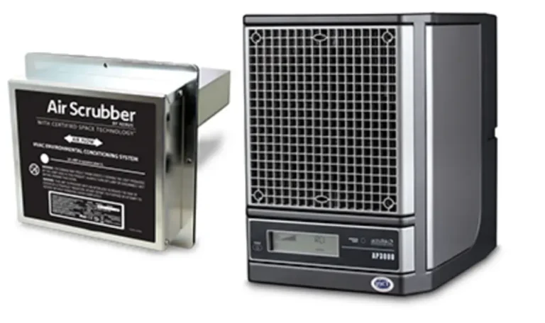 Explore our Air Scrubber® Install options featuring two devices: a sleek box unit with a front display and grid, and a sophisticated panel adorned with text and encased in a robust metal frame.
